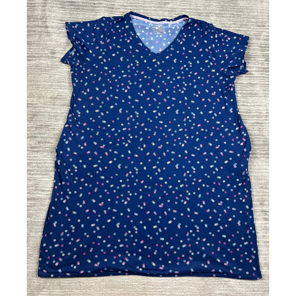 Joyspun Nightgown Womens 3X Navy Blue Polka Dot V-Neck Short Sleeve Sleep Dress